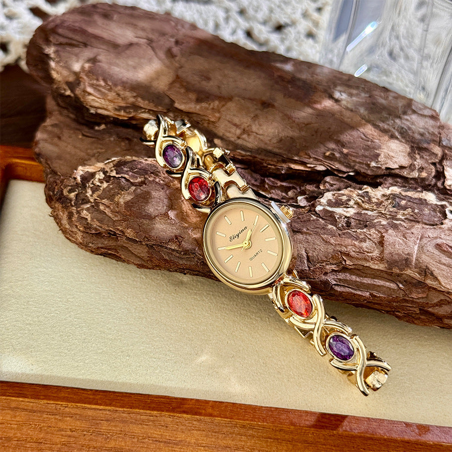 Retro Oval Quartz Watch with Multicolored Crystal Bracelet