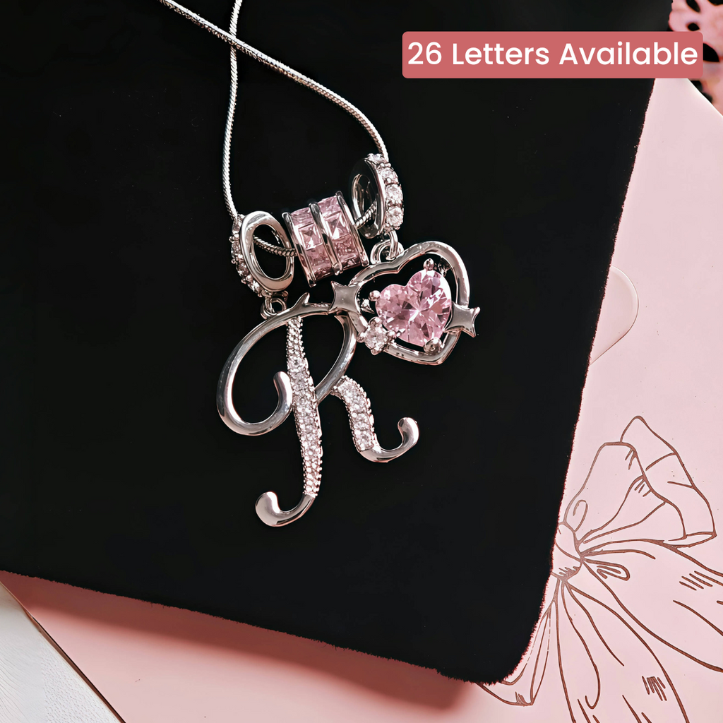 Initial & Pink Crystal Necklace - Silver