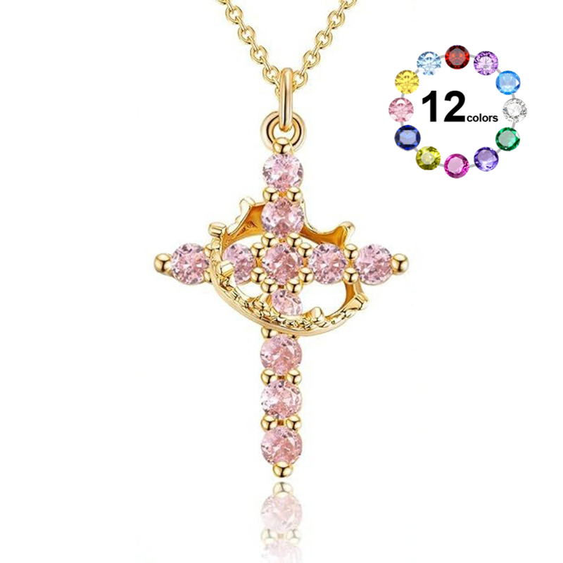 Cross & Crown 12 Birthstone Necklace