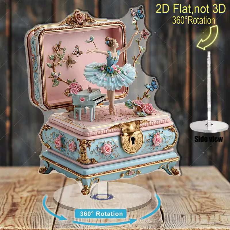 Ballerina Music Box Acrylic Stand 2D Flat 360° Rotation Vintage Ballet Dancer Figure Desk Deco Home Ornament Girls Birthday Gift