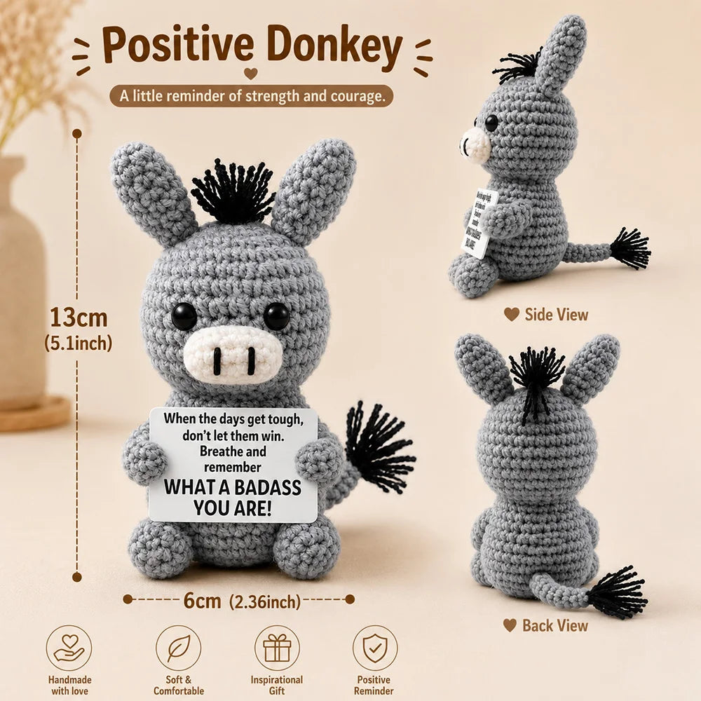 New Handmade Positive Crochet Donkey Animal Doll with Funny Motivational Card Emotional Support Buddy Gift for Friend Coworker