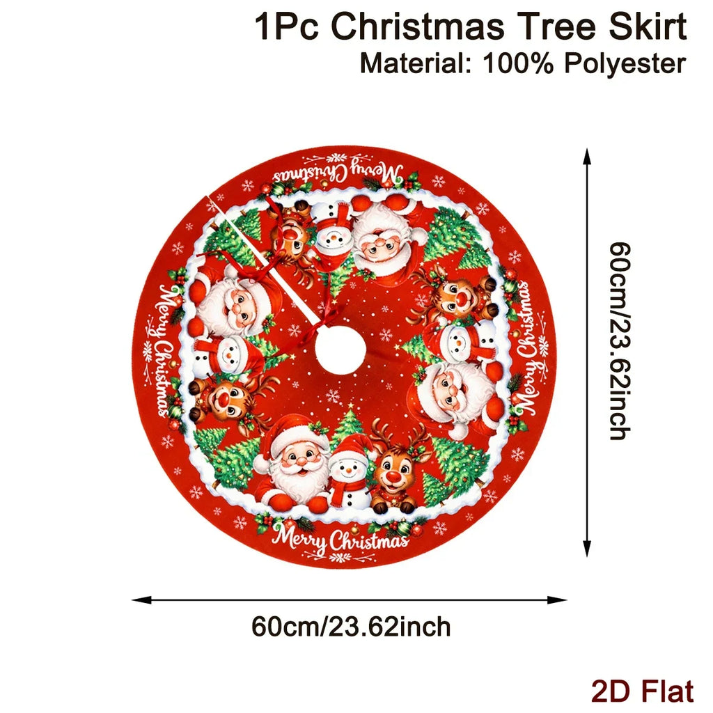 Christmas Tree Skirt Cartoon Santa Snowman Print Round 60/90cm Washable Polyester Tree Mat Home Party Decor Christmas Decoration