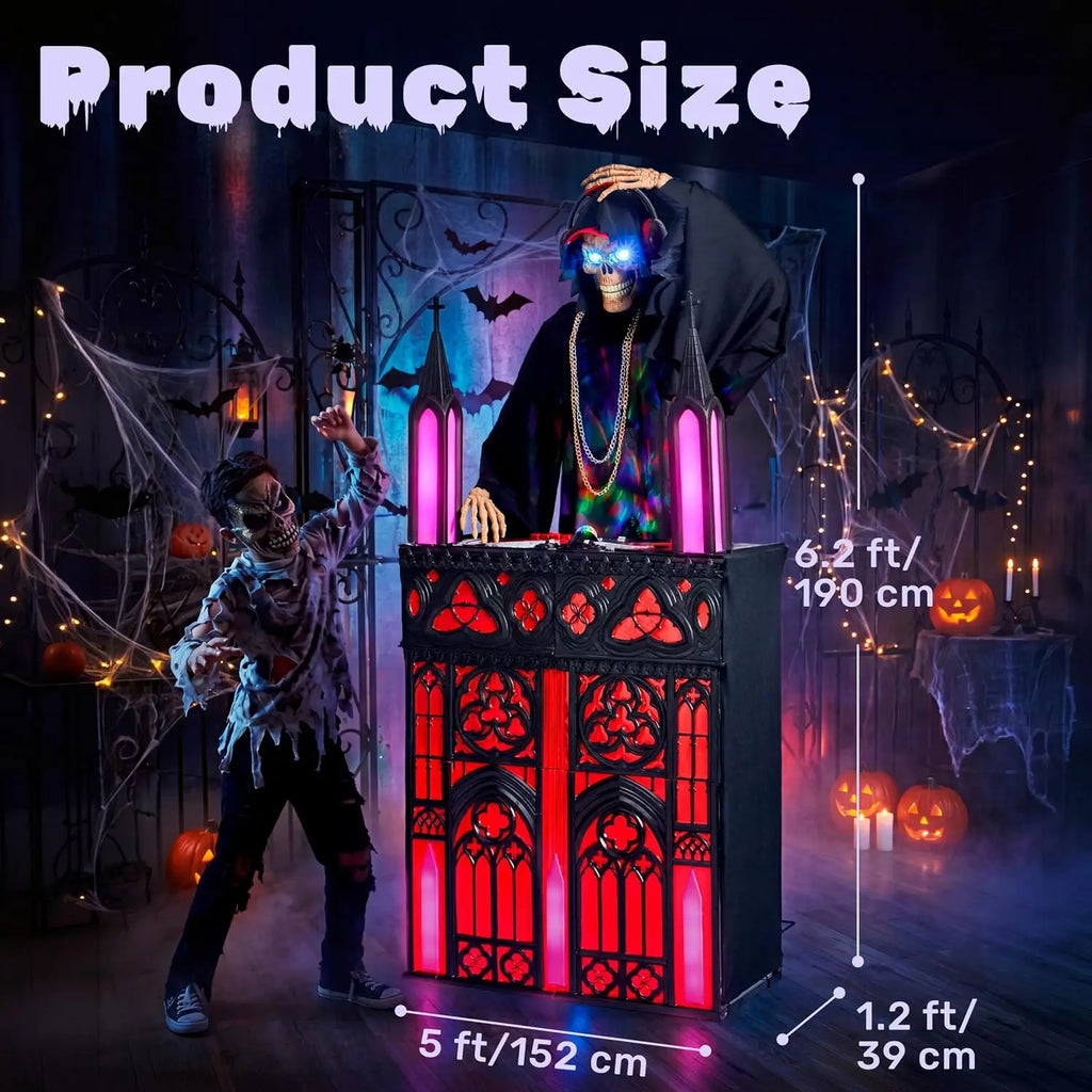6ft Halloween Animatronic DJ Reaper Decorations Outdoor Life-Size Gothic Skeleton DJ RGB Lights & Motion Activated Head, Creepy Halloween Decor for Yard Garden Lawn