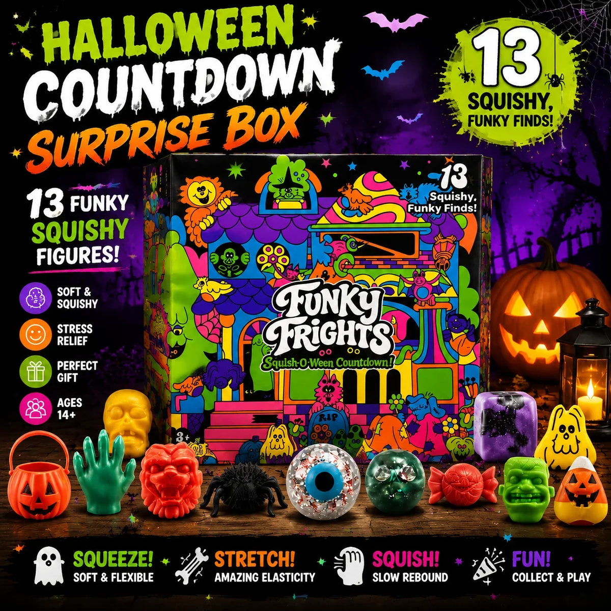 Needoh New Funky Frights Halloween Advent Calendar 13 Days, Spooky Squishy Slow Rise Stress Relief Toys Countdown Gift Box