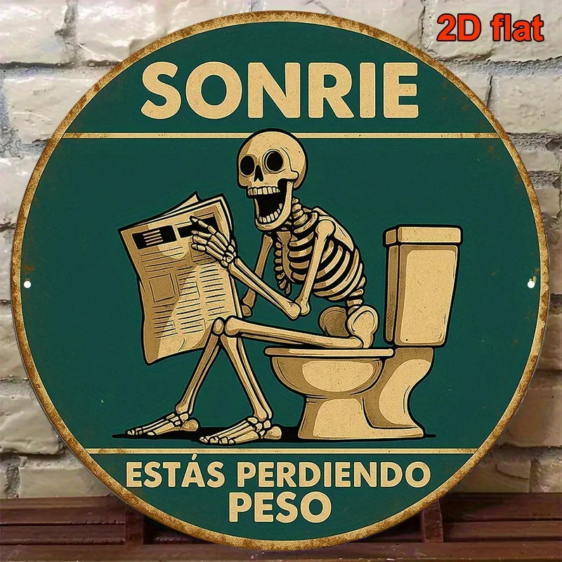 1pc, Round Spanish Aluminum Sign, Retro Decorative Plaque About 'Skeleton Reading on The Toilet', Humorous Toilet Decoration