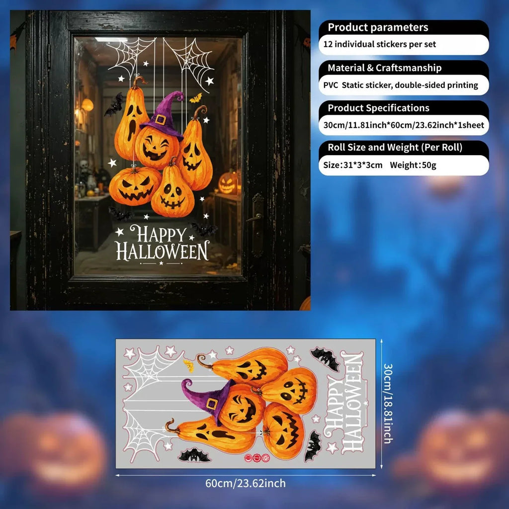 Window Clings PVC Static Film Halloween Decor Stickers Reusable No Glue Pumpkin Witch Bat for Storefront Party Home Decoration