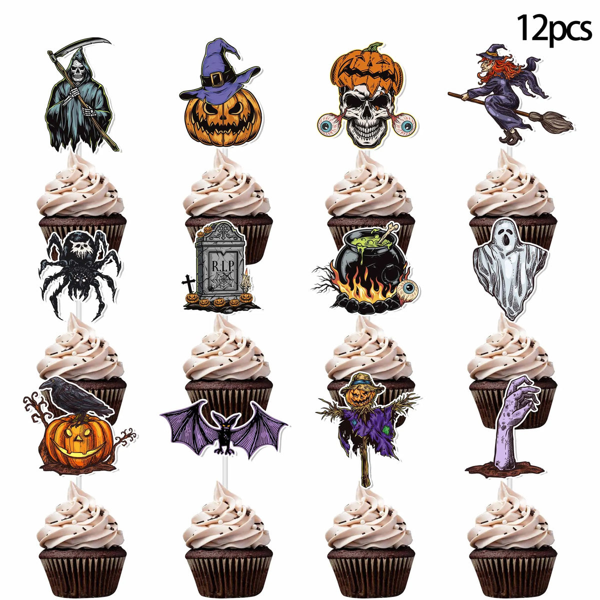 12pcs Halloween Cupcake Toppers Tombstone Graveyard Cake Toppers Scary Cupcake Decoration Table Centerpiece Appetizer Sticks