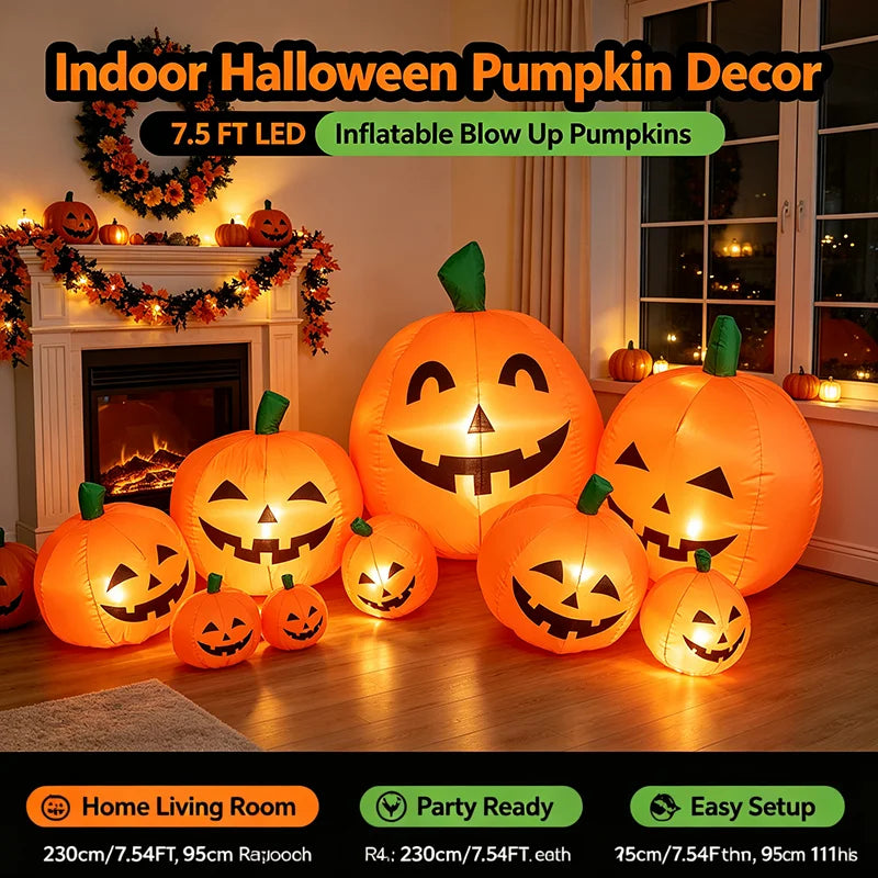 NEW Arrival 7.5FT Halloween Inflatable Pumpkin Decoration LED Blow Up Pumpkin Patch with 7 Pumpkins & Bright Light Boards Outdoor Airblown Yard Decor for Garden Lawn Party, Includes Blower Fan+Ground Anchors Indoor Inflatable