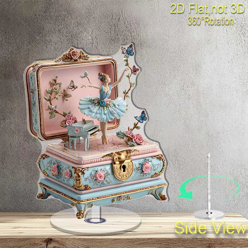 Ballerina Music Box Acrylic Stand 2D Flat 360° Rotation Vintage Ballet Dancer Figure Desk Deco Home Ornament Girls Birthday Gift