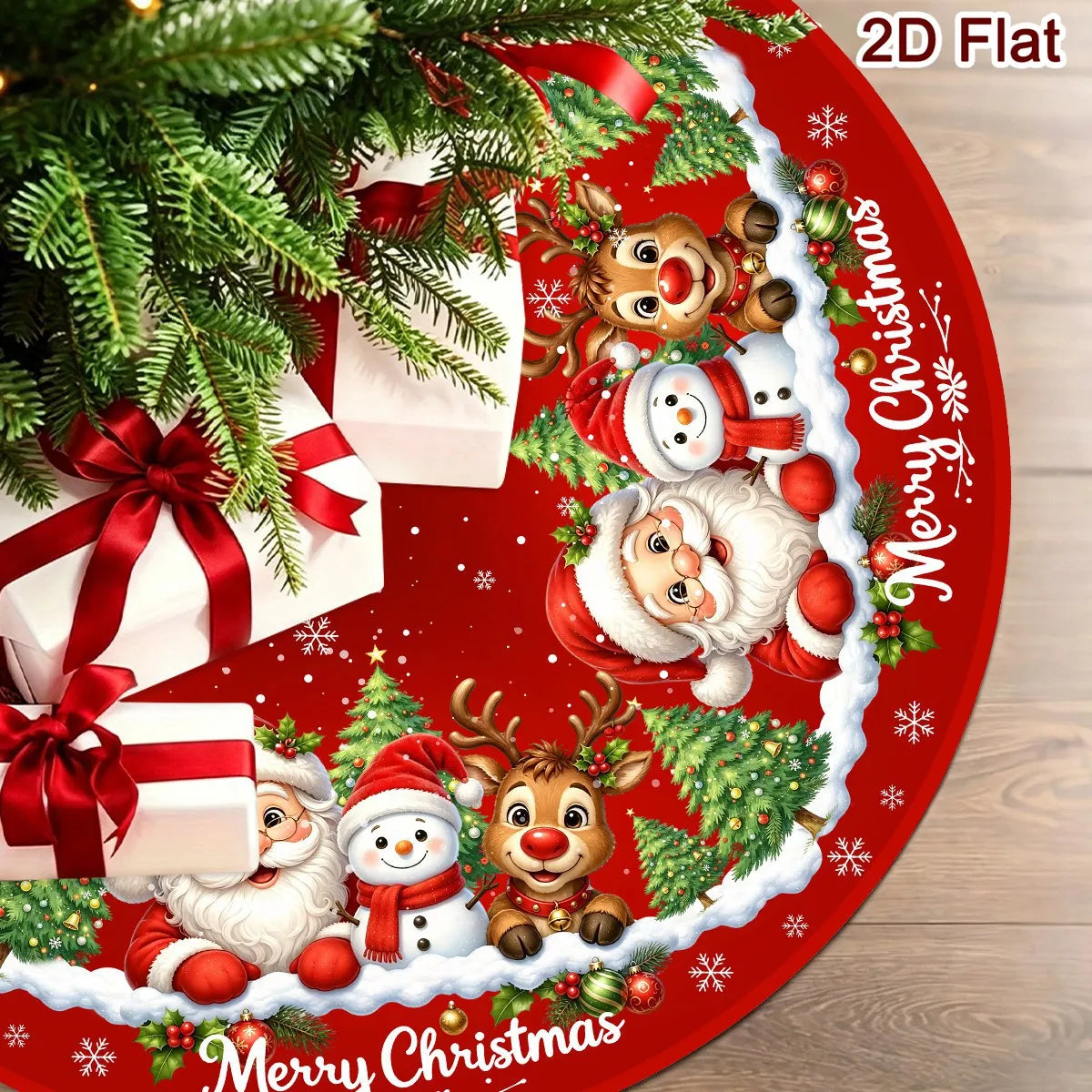 Christmas Tree Skirt Cartoon Santa Snowman Print Round 60/90cm Washable Polyester Tree Mat Home Party Decor Christmas Decoration
