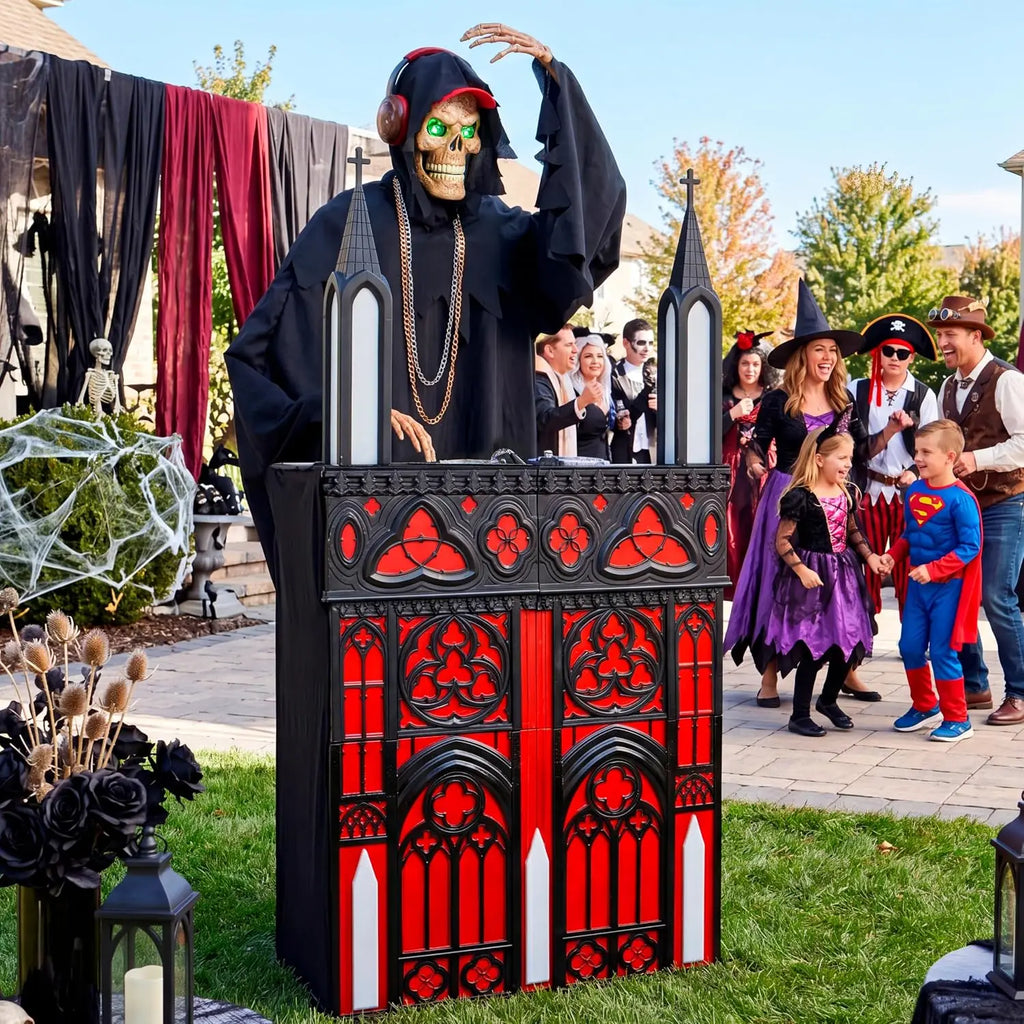 6ft Halloween Animatronic DJ Reaper Decorations Outdoor Life-Size Gothic Skeleton DJ RGB Lights & Motion Activated Head, Creepy Halloween Decor for Yard Garden Lawn