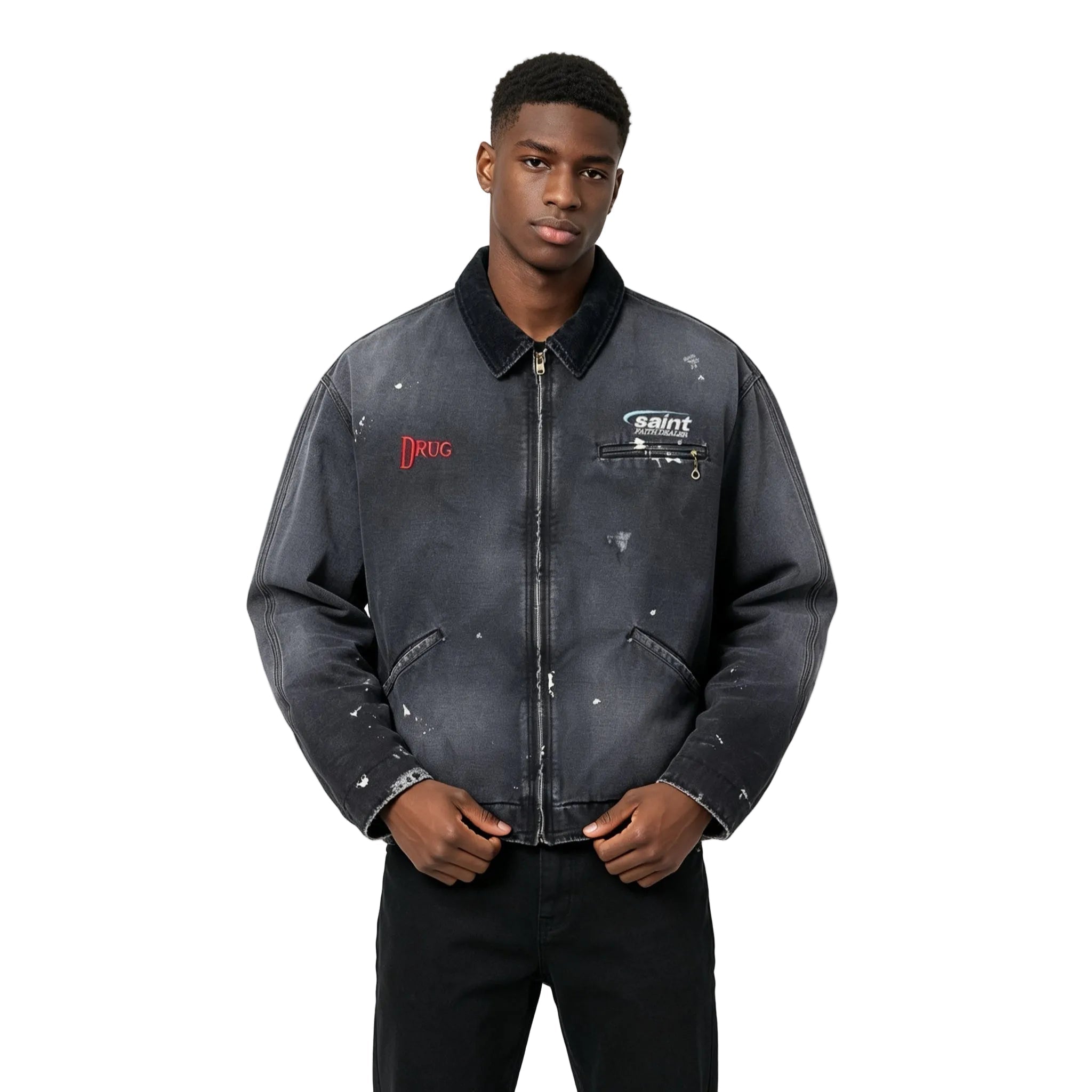 SAINT MXXXXXX - Corduroy-Trimmed Logo-Embroidered Distressed Cotton-Canvas Jacket - Black